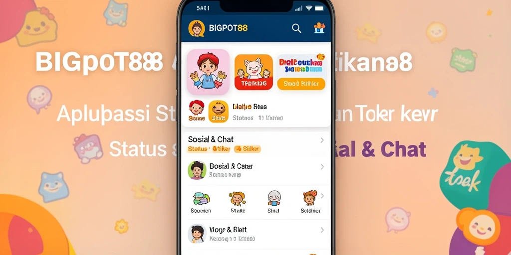 Tampilan antarmuka aplikasi BIGPOT88 dengan koleksi stiker dan status.