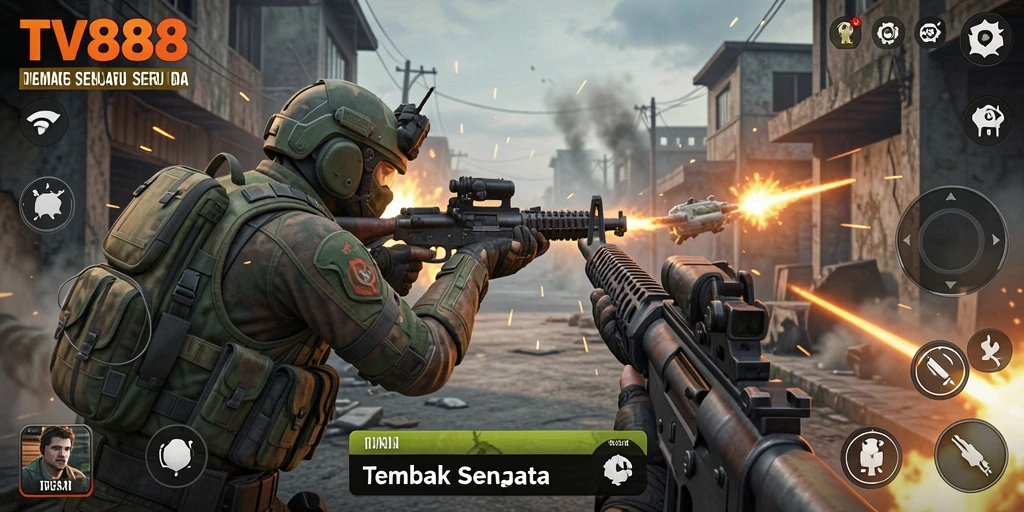 Antarmuka TV888 yang menarik dengan kontrol intuitif untuk tembak menembak.